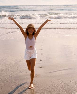 Girls' Cinched Cutout Round Neck One-Piece Swimsuit