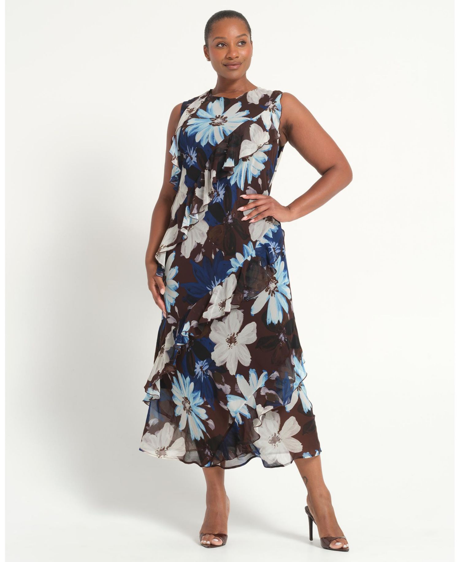 Plus Size Aveline Floral Ruffle Sleeveless Midi Dress