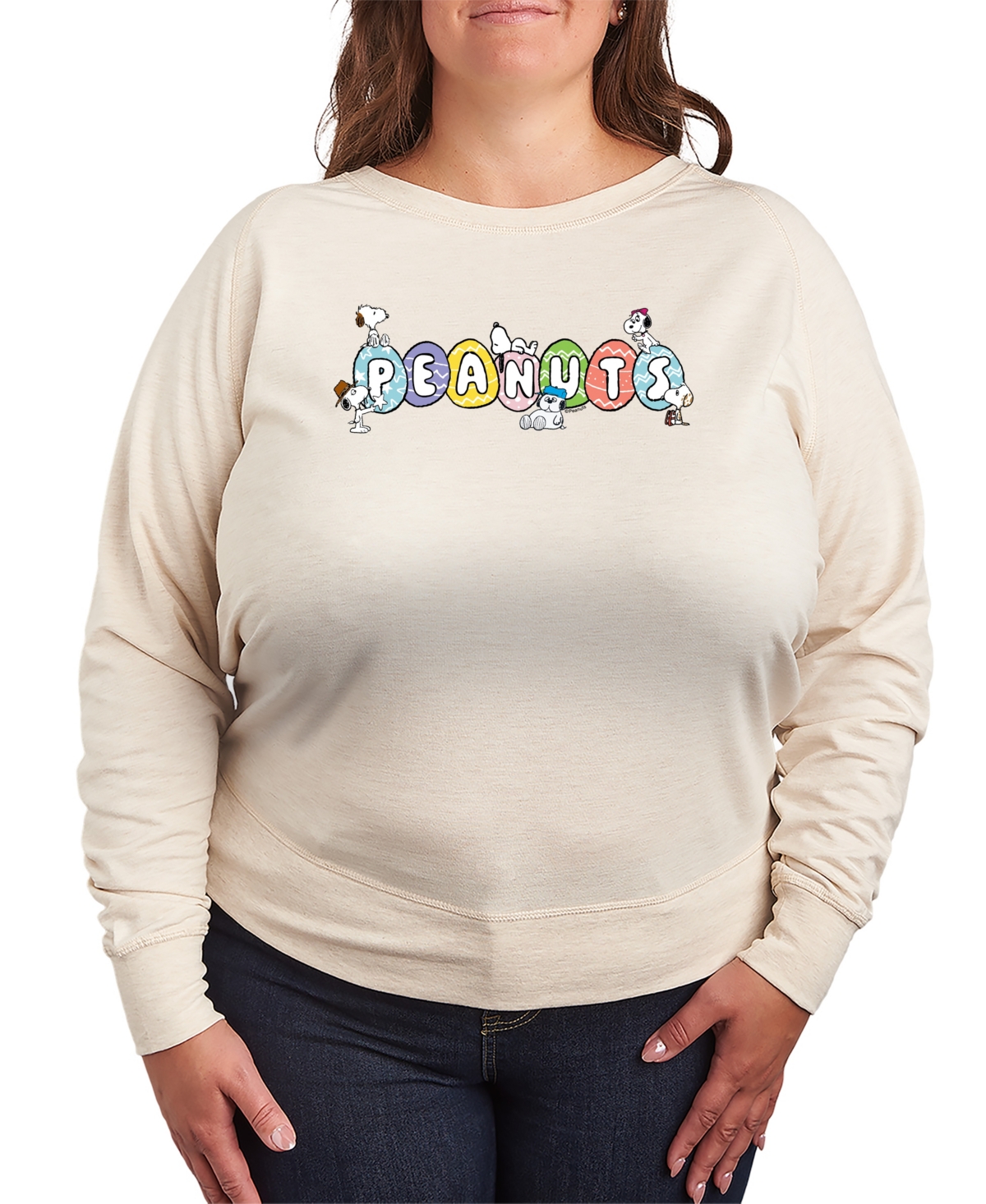 Hybrid Apparel Plus Size Peanuts Snoopy and Siblings Eggs French Terry Long-Sleeve T-Shirt - Birch