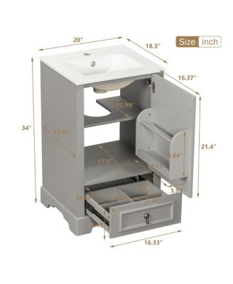 20" Bathroom Vanity with Ceramic Sink, Soft Close Door, Drawer & Adjustable Shelf for Small Spaces