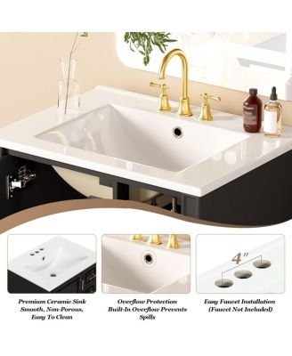 24" Black Bathroom Vanity with Ceramic Sink, Modern Freestanding Solid Wood MDF Cabinet, 3 Drawers Soft Close Door for Small Spaces