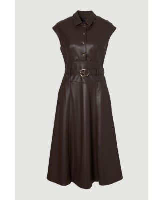 Women's Faux Leather Belted Midi Dress