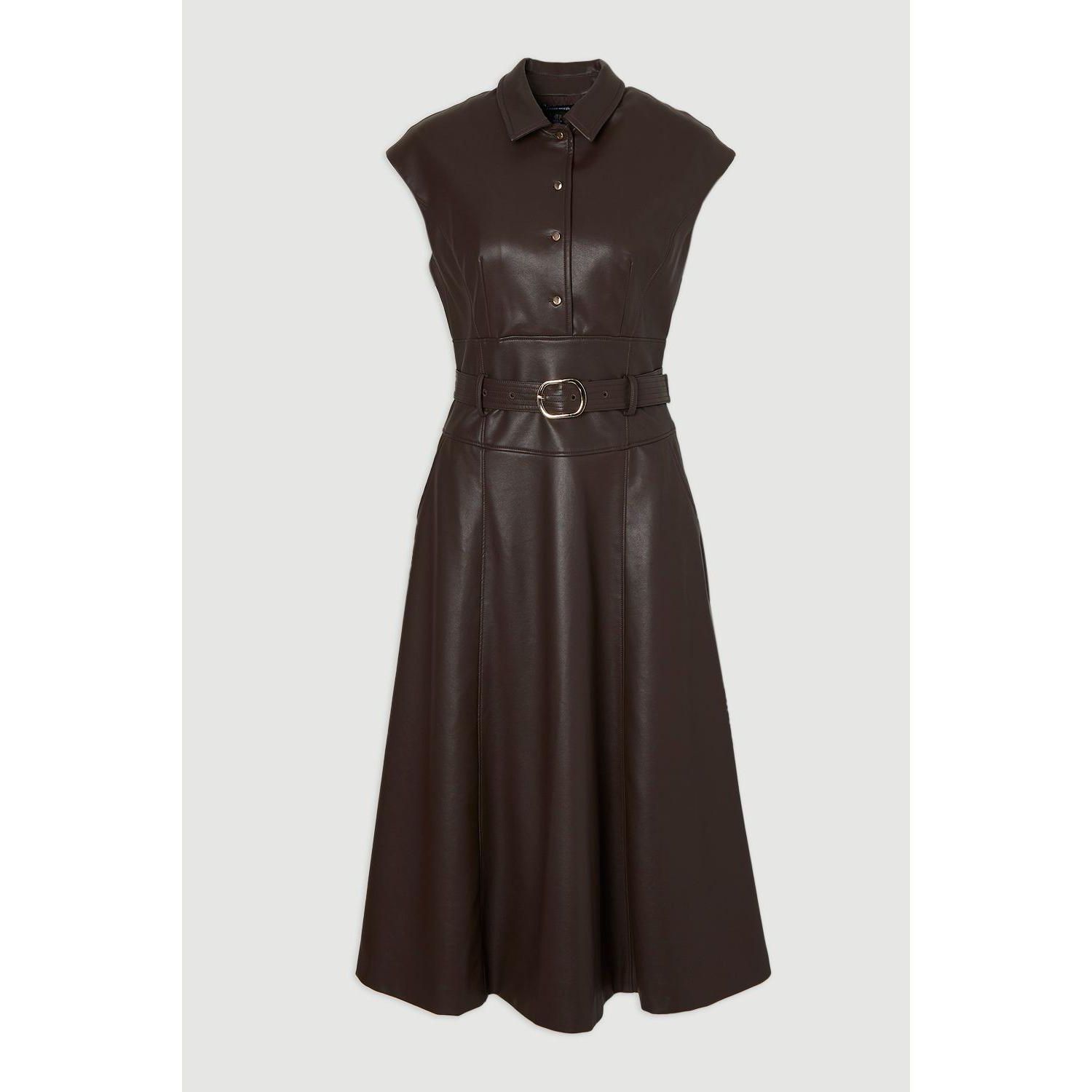 Women's Faux Leather Belted Midi Dress