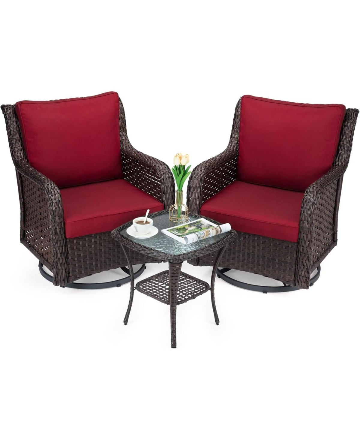 gaomon 3 Piece Outdoor Wicker Patio Set with 360° Swivel Rocking Chairs and Armored Glass Side Table”