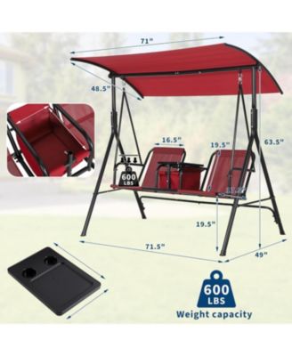 2-Person Porch Swing with Cup Holders, Pivot Storage Table & Cooler Bag, Adjustable Canopy, Steel Frame Outdoor Patio Swing for Backyard