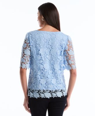 Petite Scalloped Elbow-Sleeve Lace Top