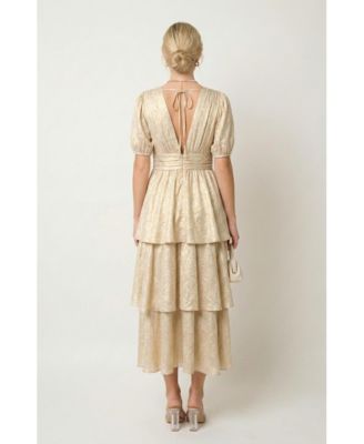 Women's Shimmering Puff Sleeve Deep V-Neck Maxi Dress