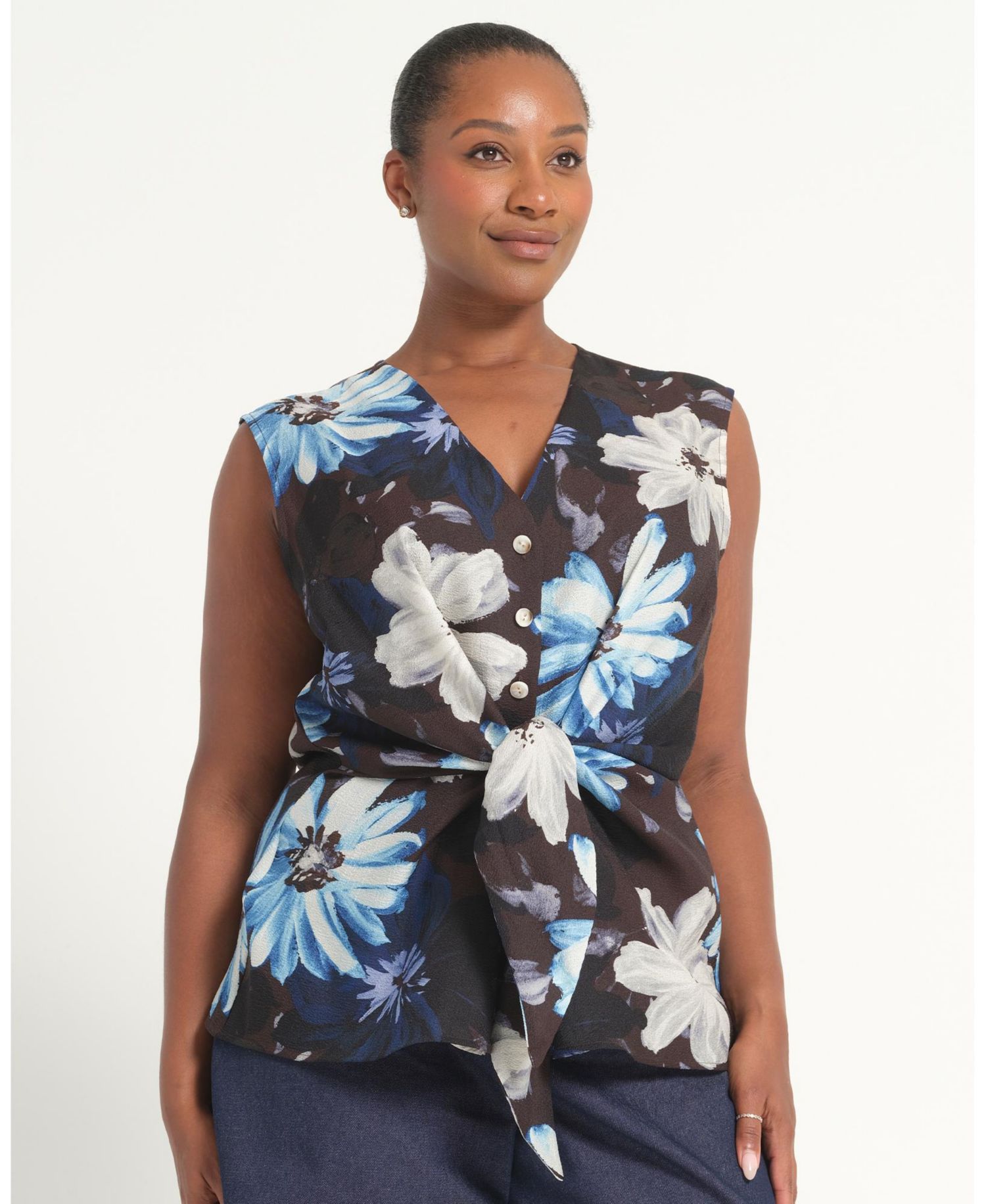 Plus Size Aveline Floral Tie-Front Sleeveless Top