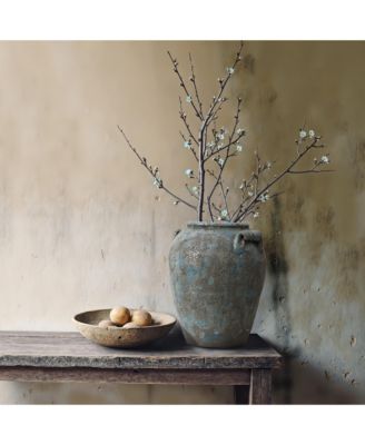 Antiqued Blue & Brown Terracotta Vase with Handles, 12" Tall Farmhouse Vintage Pottery