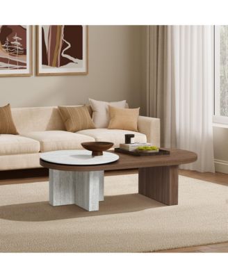 Travertine-Style and Walnut Finish MDF Wood Oval Coffee Table