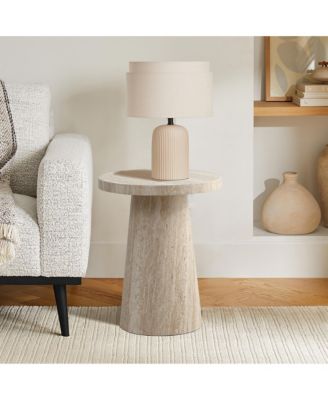 Stone Pattern Engineered Wood 19.7-Inch Tall Round End Table & Nightstand – Modern Side Table for Living Spaces