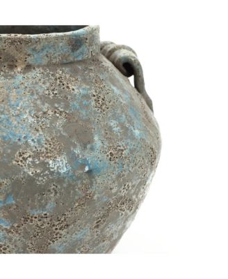 Antiqued Blue & Brown Terracotta Vase with Handles, 9" Round Farmhouse Vintage Pottery