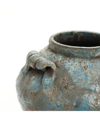 Antiqued Blue & Brown Terracotta Vase with Handles, 11" Round Farmhouse Vintage Pottery