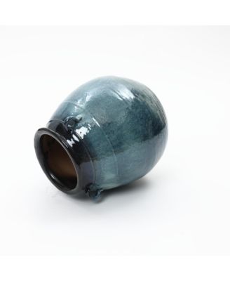 Ocean Blue Ceramic Vase with Handles, 17.5" Tall Rounded Pot for Rustic or Coastal Decor