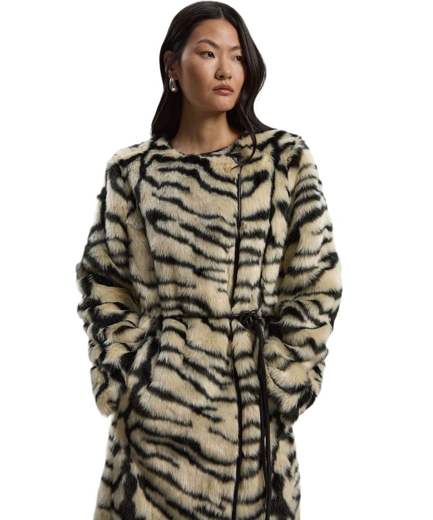 Women's Faux Fur Collarless Tie Belted Midi Coat