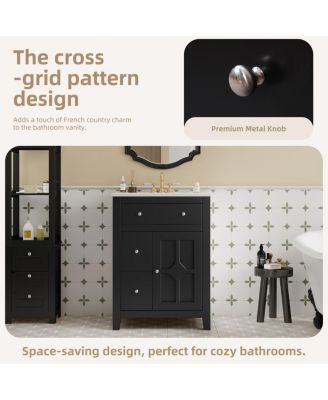 24" Bathroom Vanity with Ceramic Basin, Modern Cabinet with 2 Drawers, Soft-Closing Door & Adjustable Shelf for Small Bathrooms