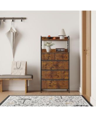 Slim Tall Dresser with Metal Frame, Wood Top, Open Shelf & Hooks Chest Organizer