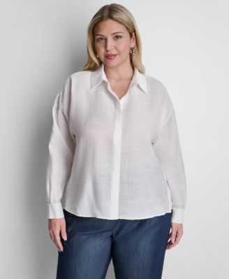 Plus Size Long-Sleeve Collared Organza Blouse