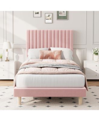 Bed Frame with Adjustable Headboard, Velvet Upholstered Platform  Bed Frame, Vertical Channel Tufted, Strong Wooden Slats