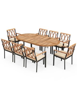 9 PCS Patio Dining Set Table w/ Acacia Wood Top and Umbrella Hole Metal Frame
