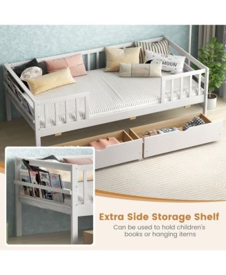 Twin Size Kids Bed w/ Storage 2 Pull-out Drawers Side Shelf for Children and Teens