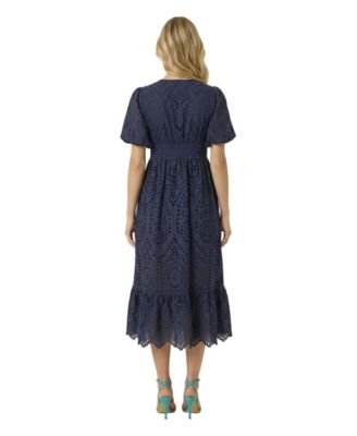 Women's Puff-Sleeve Eyelet Smocked-Waist Midi Dress