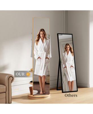 360° Rotating Full Length Mirror, Solid Wood Freestanding Coat Rack with Storage Hanger, Open Shelves for Living Room and Cloakroom