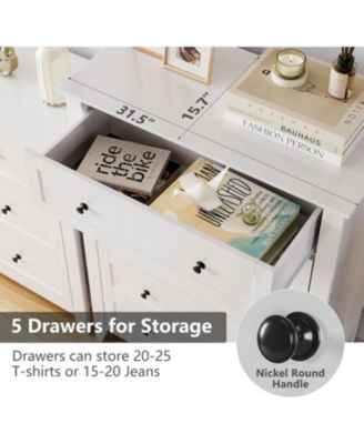 Modern 5 Drawer Wood Dresser, Tall Chest with Gold Handles & Deep Drawers