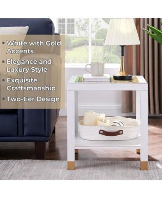 Square Side Table - Modern 2-Tier Tempered Glass End Table, Gold Mesh Accent Bedside Table with Metal Frame for Bedroom, Living Room