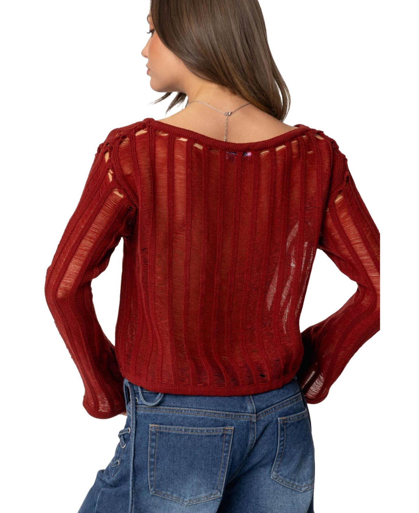 Женский топ Edikted Sagir Sheer Ladder Knit, цвет: Бордовый — фото 2
