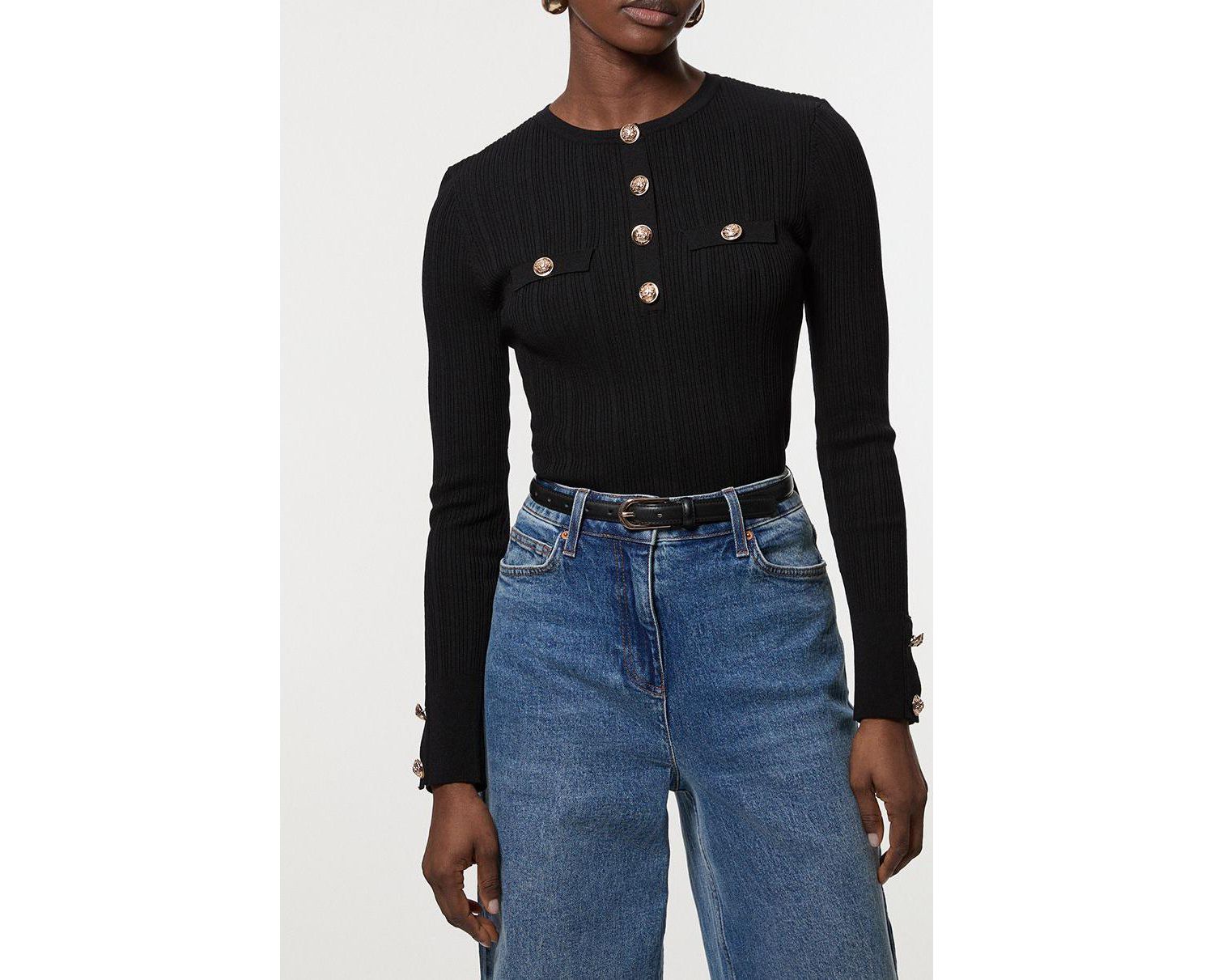 Women's Military Trim Rib Long Sleeve Knit Top