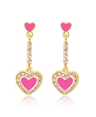 Girls 18K Yellow Gold Plated Hypoallergenic Pink Heart Drop Earrings