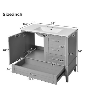 36" Bathroom Vanity with Ceramic Sink, Solid Pine Frame, Soft Close Drawers & Door for Small Spaces