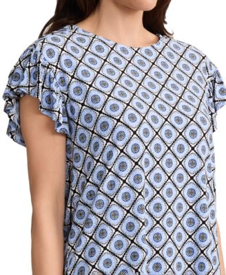 Petite Round Neck Flutter Short-Sleeve Top