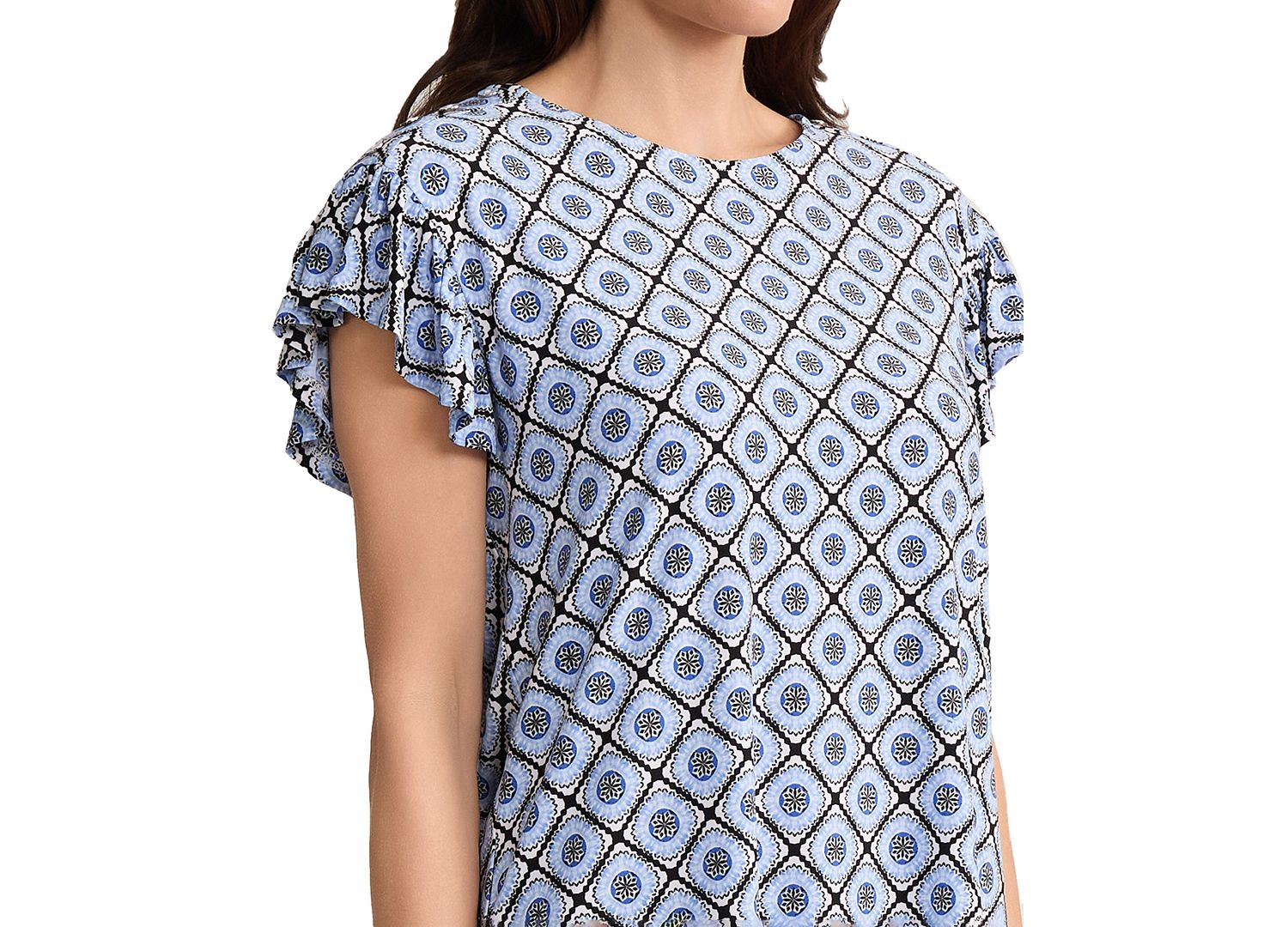 Petite Round Neck Flutter Short-Sleeve Top
