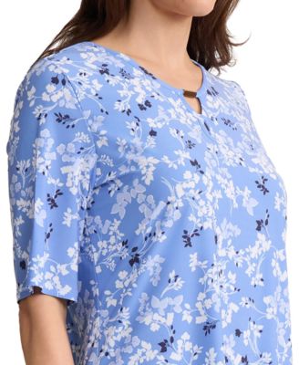 Petite Elbow Double Keyhole Neck Printed Jersey Top