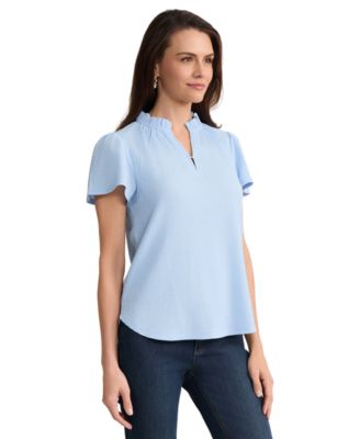 Petite Collared V-Neck Flutter Short-Sleeve Top
