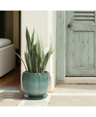 Glossy Gradient Teal Ceramic Planter, 10-Inch Tall Ridged Container with Connected Tray