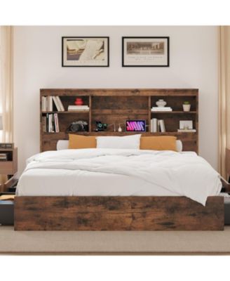 Bed Frame with Storage Headboard, Wooden Bed Frame with Charging Station, Storage Bookcase & Platform Bed with 4 Drawers