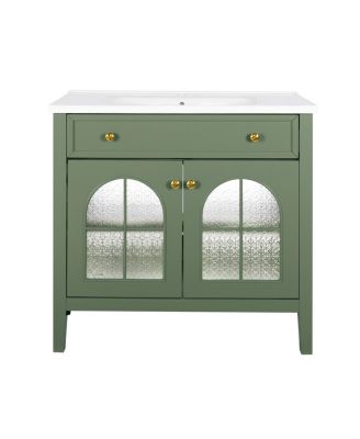 36" Bathroom Vanity with Sink, Medieval Glass Doors, Motion Lighting, Flip Drawer & Adjustable Storage for Modern Bathrooms