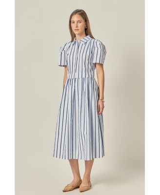 Women's Striped Pleated Shoulder Shirt Midi Dress