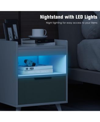 2PCS Nightstand Modern Beside End Table w/ LED Lights Open Compartment & Drawer