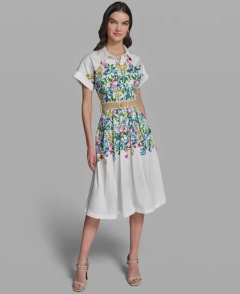 Petite Floral Collared Neck Belted Dress - Soft White Combo