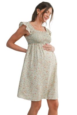 Maternity Smocked Floral Dress with Ruffle Cap Sleeves