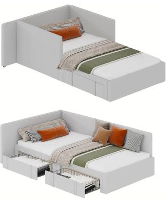 Daybed with 2 Storage Drawers, Corner Bed Frame with Extended Headboard and Bed Rails, Velvet Upholstered Sofa Bed with Guardrail