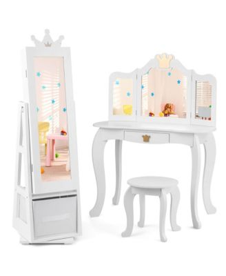 Kids Vanity Set Princess Makeup Dressing Table & Chair Set with Jewelry Armoire