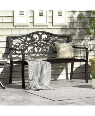 50 Inch Cast Iron Patio Bench with Floral Design Backrest