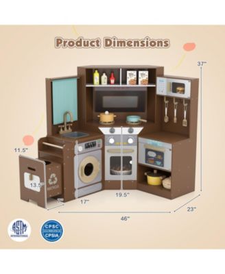 Corner Kitchen Toys with Lights & Sounds, Pull-Out Trash Can & Stove for Kids