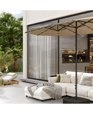 15 ft. Double Sided Umbrella Outdoor Patio Umbrella with 36 LED Solar Lights, Base and Sand Bag
