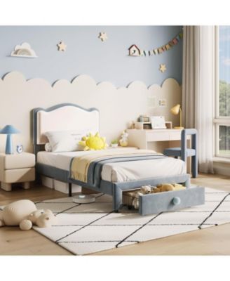 Upholstered Twin Bed Frame with Storage Drawer & Scallop Headboard, Princess Twin Size Platform Bed Frames